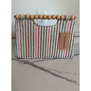 NWT‎ Savanna Raffia Purse Wooden Handle Clutch Medium Multicolor